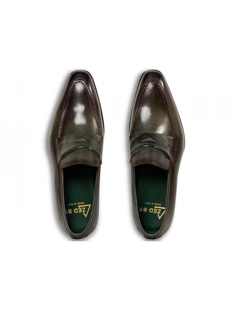 chaussures mocassin en cuir patiné vert edera avec lanière verte et semelle intérieure verte imprimée zed by made in italy